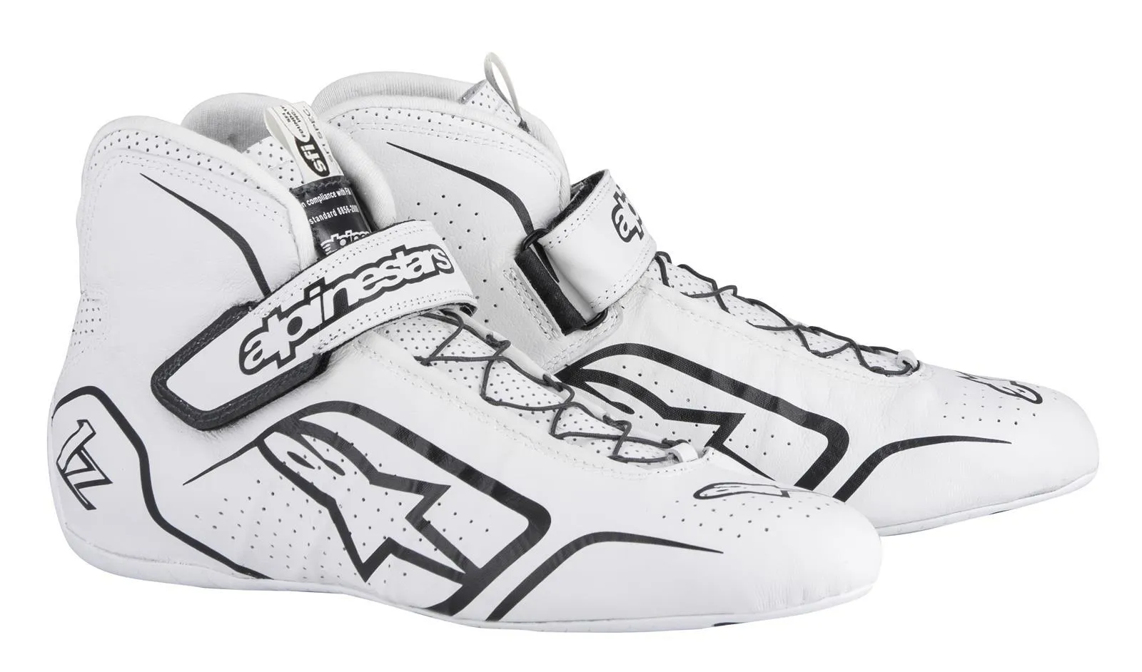 ALPINESTARS TECH 1-Z SHOES WHITE/BLK SZ 9.5 SFI 3.3 LVL 5/FIA KANGAROO LEATHER
