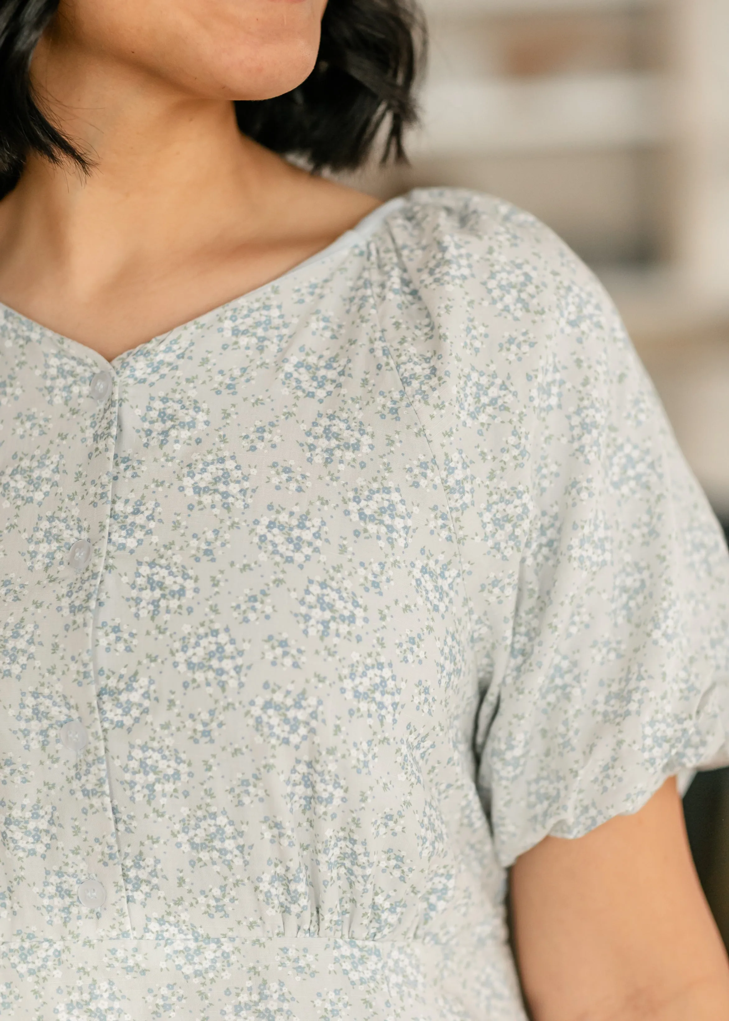 Button Up Puff Sleeve Blue Floral Dress