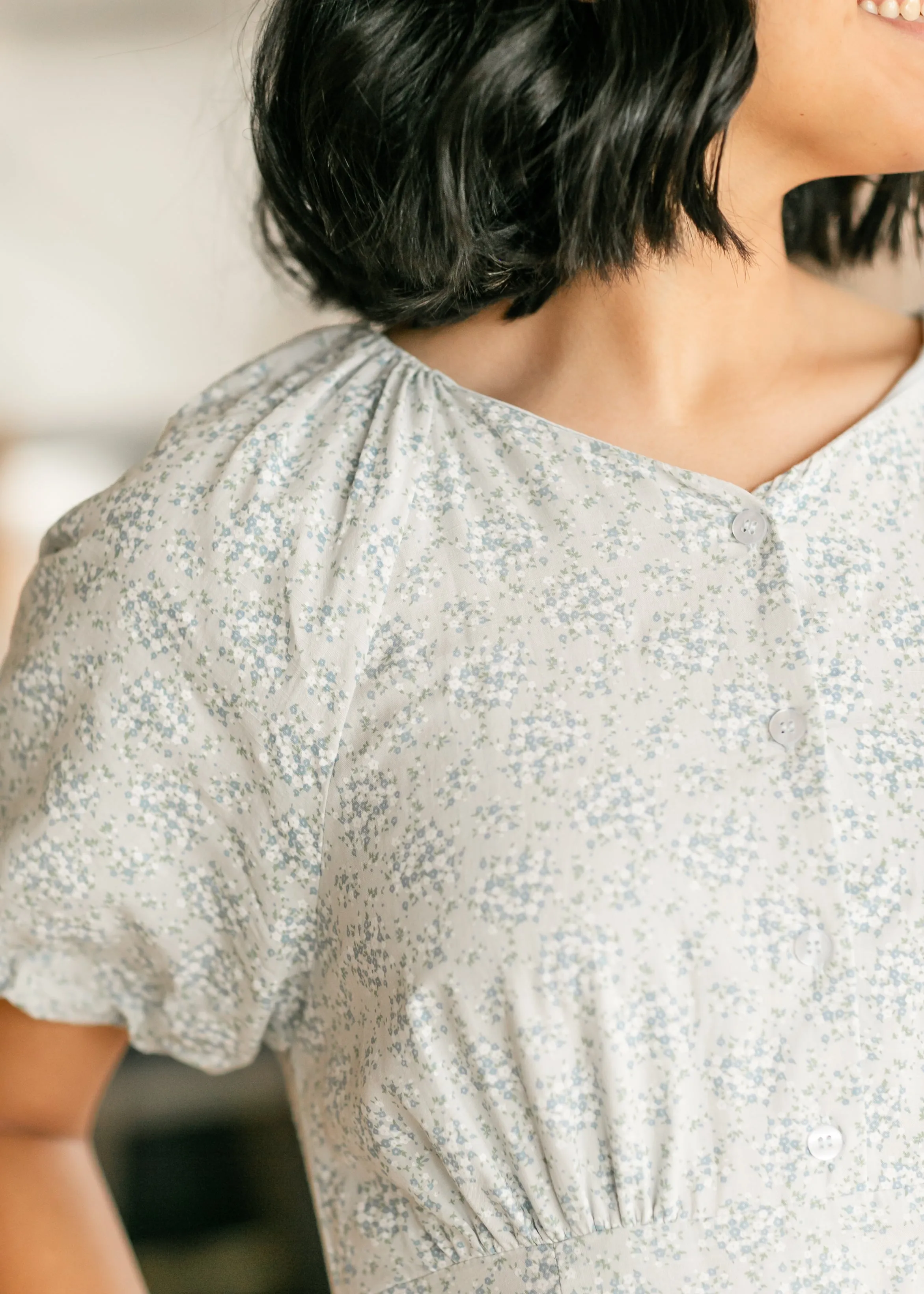 Button Up Puff Sleeve Blue Floral Dress