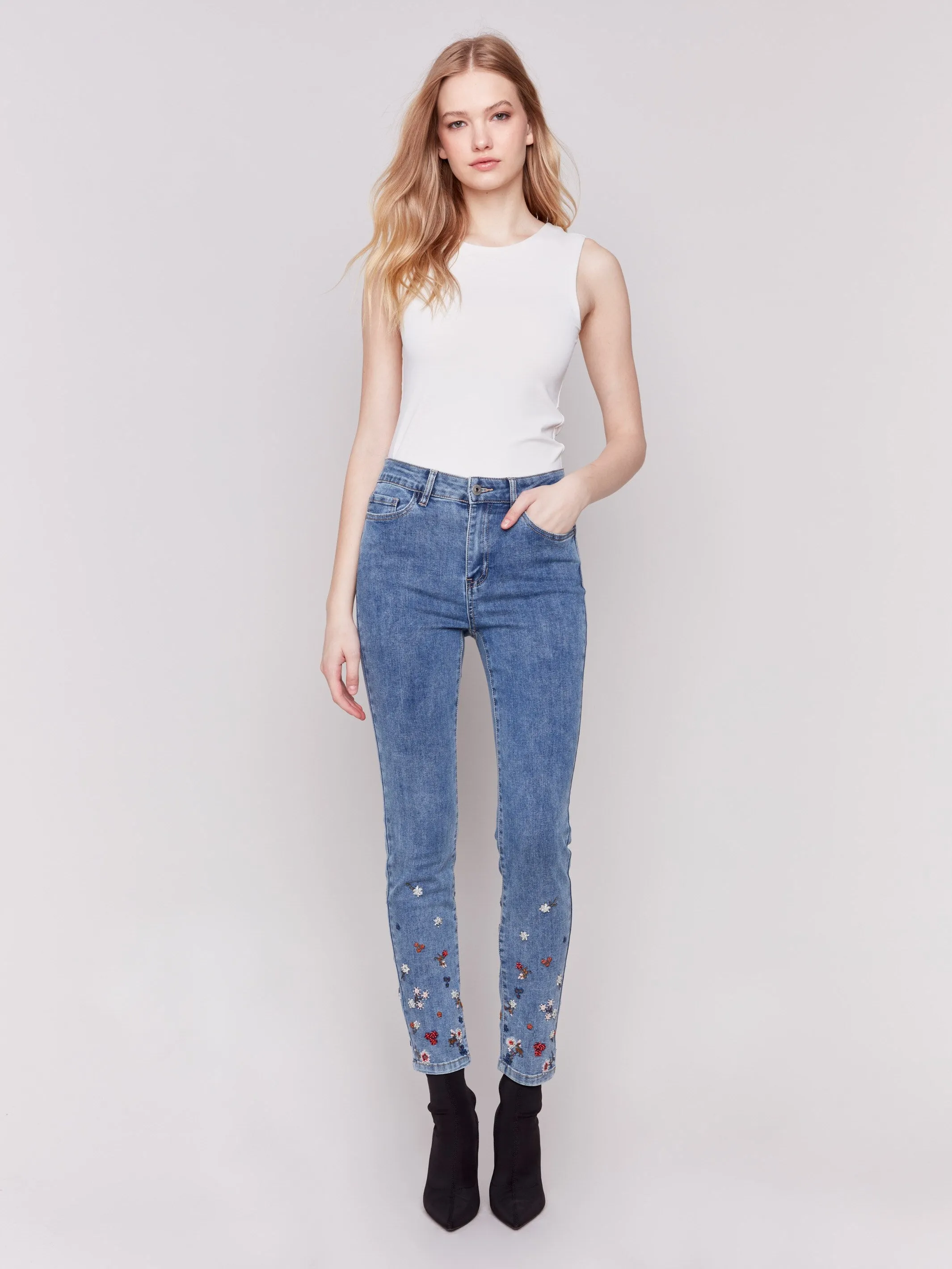 Embroidered And Beaded Slim Fit Jeans - Medium Blue