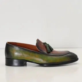 Hand Paint Patina Leather Tassel Shoes - Brown