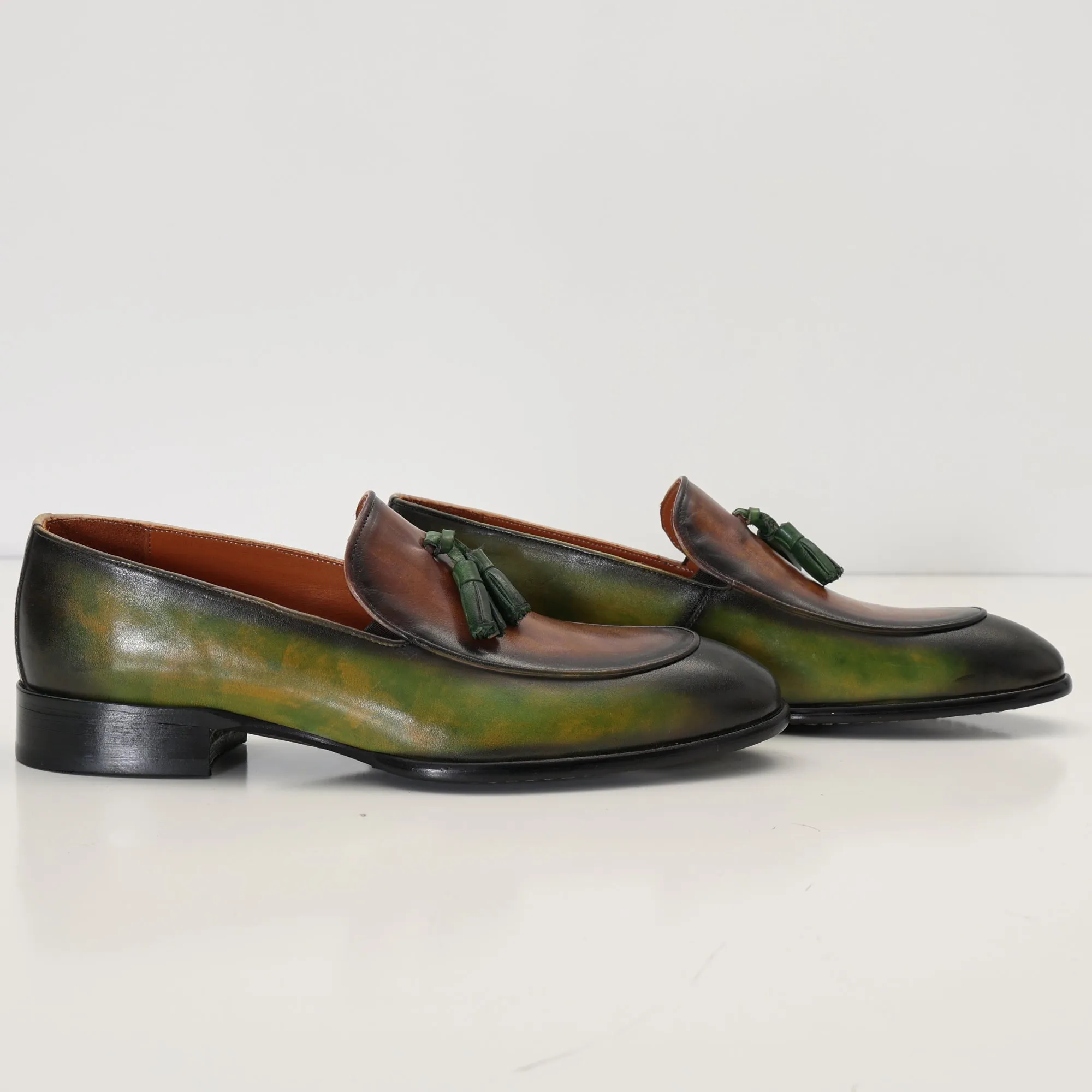 Hand Paint Patina Leather Tassel Shoes - Brown