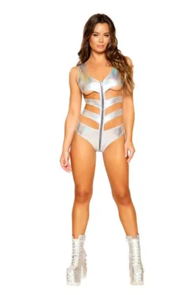 Metallic Cutout Romper with Zipper Closure - Silver -