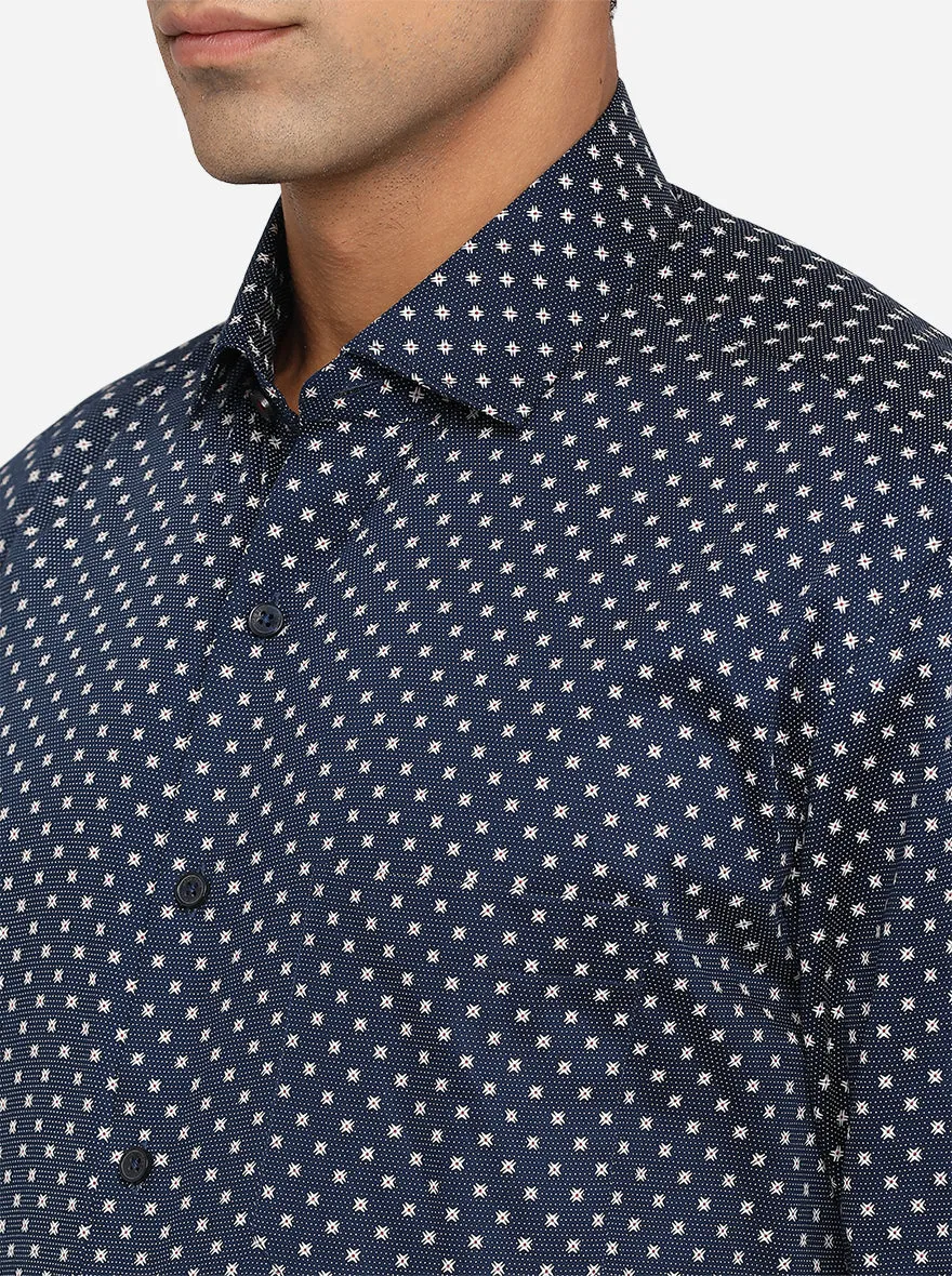 Navy Blue Printed Regular Fit Formal Shirt | JadeBlue