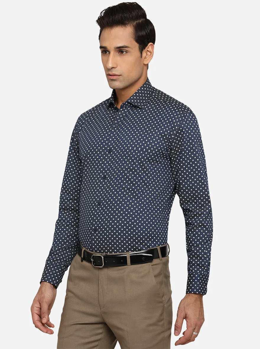Navy Blue Printed Regular Fit Formal Shirt | JadeBlue