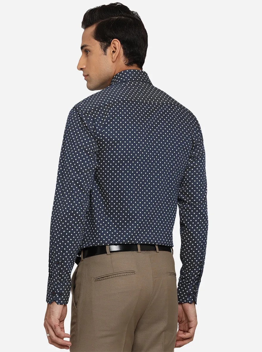 Navy Blue Printed Regular Fit Formal Shirt | JadeBlue