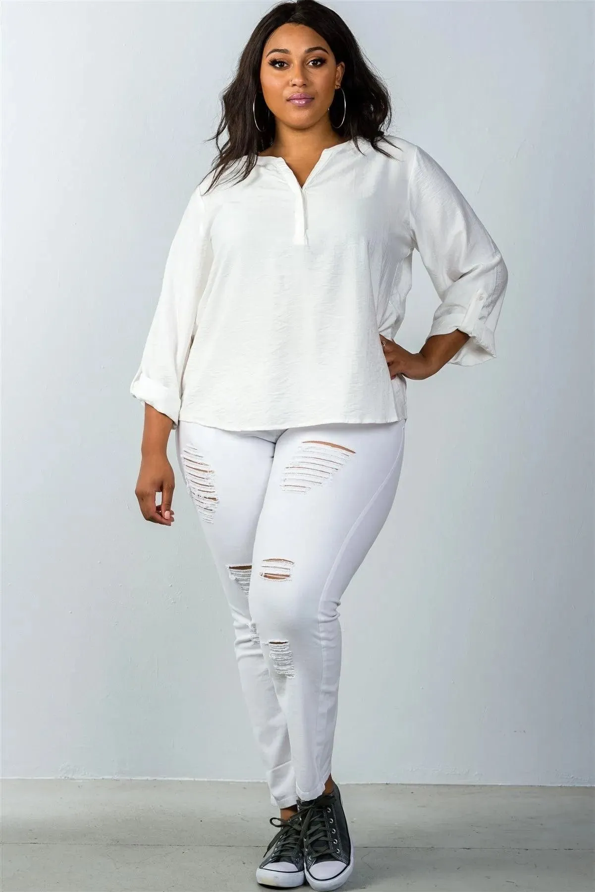 Plus Size Stand-Up Collar Roll Tab Sleeve Blouse