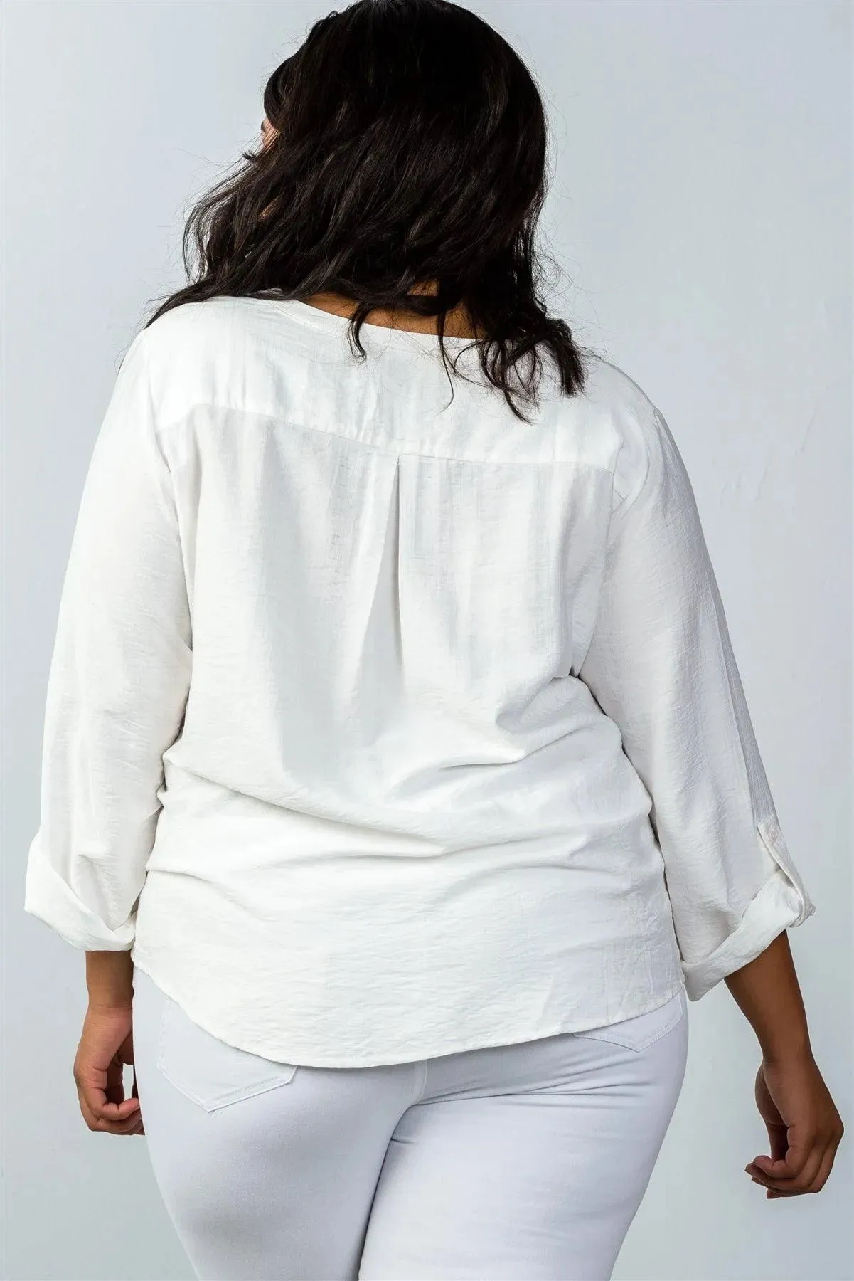 Plus Size Stand-Up Collar Roll Tab Sleeve Blouse